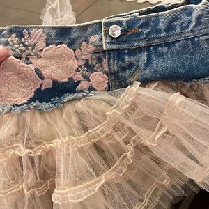 Ooh! La La! Couture flower lace denim skirt
